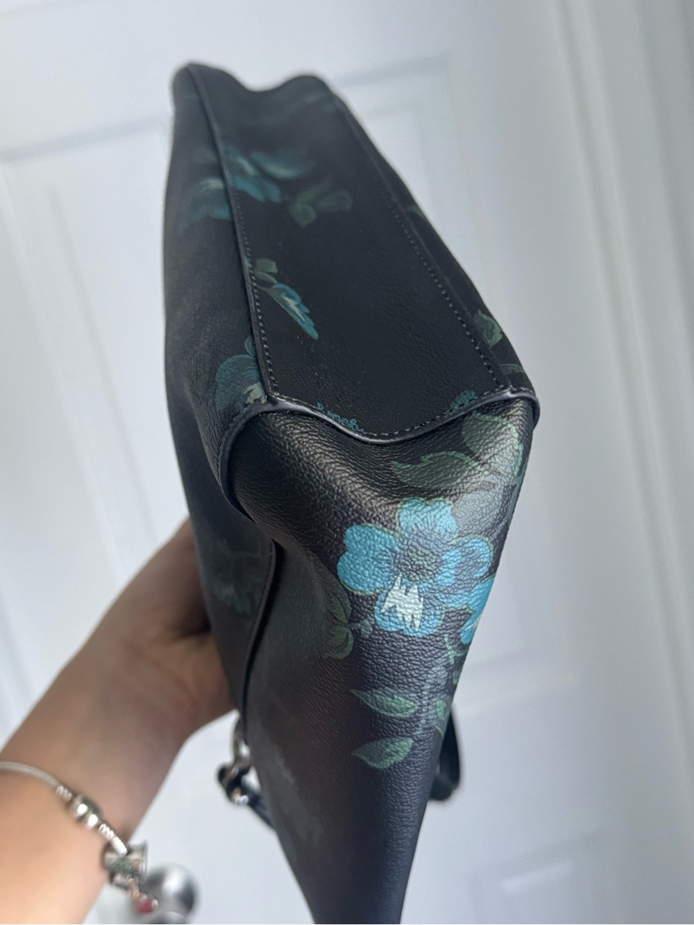 Coach Black Floral Zip-Top Tote with Teal Blue Accents - Picture 5 of 8